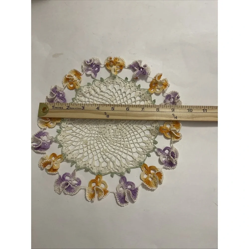 Vintage Pansy Crochet Doily Coaster Purple & Orange‎ Flowers Grandma Core Home